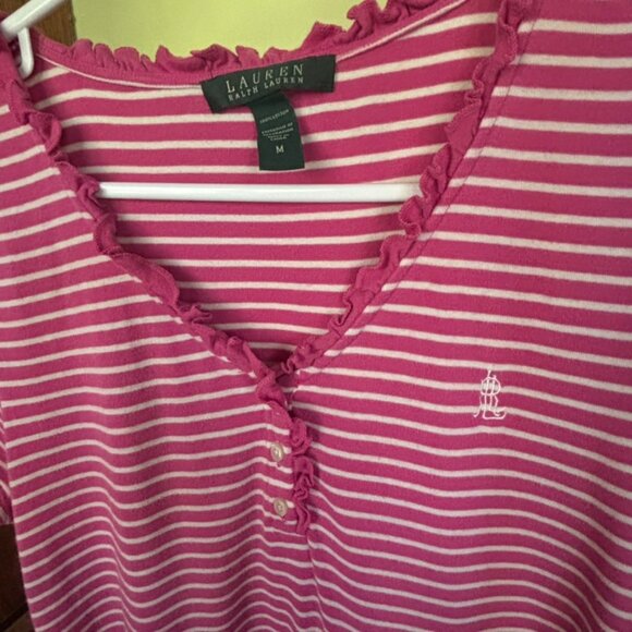 Vintage Y2K Lauren Ralph Lauren Women's Pink & White Striped Cotton Night Gown - Picture 5 of 7